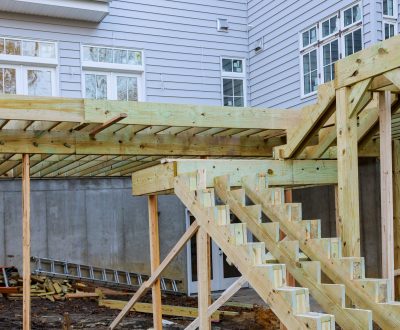 Unfinished,Installation,Deck,Patio,Construction,Of,Flooring,By,New,House